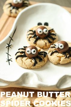 peanut butter spider cookies on a white plate