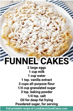 a recipe for funnel cakes on a white plate