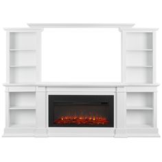 a white entertainment center with an electric fire place and built - in bookcases