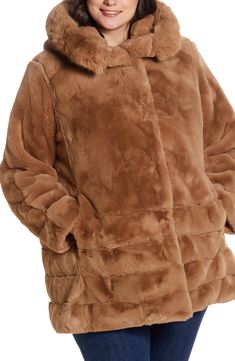 Add a luxe touch to a chilly day in this plush faux-fur coat fashioned with a roomy hood and designed to resist snow and rain. 32 1/2" length Hidden-snap closure Fixed hood Side-seam pockets Water-resistant Lined 100% polyester faux fur Dry clean Imported Faux Fur Trim Outerwear, Solid Color Outerwear With Faux Fur Trim, Cozy Mink Outerwear With Faux Fur Lining, Cozy Mink-colored Outerwear With Faux Fur Lining, Fluffy Mink Outerwear For Cold Weather, Faux Fur Coat For Cold Weather, Solid Faux Fur Coat For Cold Weather, Solid Color Faux Fur Coat For Cold Weather, Mink Outerwear With Faux Fur Trim For Cold Weather