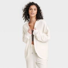 Women's French Terry Cardigan - All In Motion™ Cream M Ribbed Long Sleeve Relaxed Fit Outerwear, Relaxed Fit Long Sleeve Ribbed Outerwear, Everyday Long Sleeve Ribbed Outerwear, Everyday Ribbed Long Sleeve Outerwear, Spring Loungewear Cardigan With Ribbed Cuffs, Cozy Ribbed Relaxed Fit Outerwear, Cozy Ribbed Outerwear With Relaxed Fit, Ribbed Long Sleeve Outerwear For Everyday, Spring Cardigan With Ribbed Cuffs For Loungewear