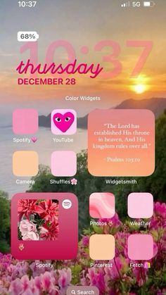 an iphone screen with pink flowers and the sun setting in the background, which reads'today