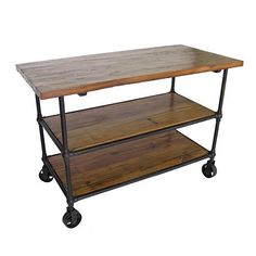 a wooden table sitting on top of a metal frame stand with wheels and two shelves