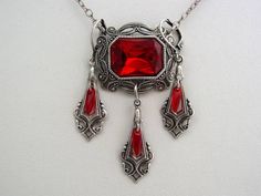 Ruby Red Victorian Necklace, Octagon Drop Necklace, Victorian Earrings, Victorian Pendant, Oxidized Ruby Red Necklace, V Pendant, Victorian Earrings, Victorian Pendants, Filigree Necklaces, Goth Jewelry, Red Necklace, Gothic Beauty, Red Earrings