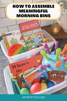 a plastic container filled with books and toys