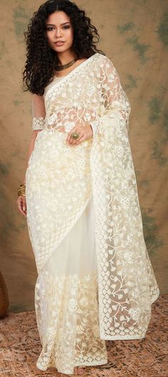 White and Off White color Saree in Net fabric with Embroidered, Resham work Net Saree Blouse, Off White Saree, Chikankari Saree, Indian Dresses For Women, Indian Skirt, Saree Bollywood, Indian Sari Dress, Bollywood Lehenga, White Saree