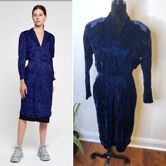 70s-80s Vintage Donna Morgan Blue Velvet V-Neck Sequin Shoulder Dress. Good Used Condition. Sz 7-8. Approx 36” Chest, 26” Waist, 43” Length. Buttons At Cuff. No Stretch. Side Zipper & Clips. Shoulder Pads. Pleated At Waist. Sequin Detail On Shoulders. Back Slit. Back Zipper. Stock Photo Is A Similar Balenciaga Pleated Jacquard Dress Valued At Over $2600-3k On Some Sites. Get This Same Look For A Fraction Of The Cost With Sequin Detail. Recycled Fashion. Will Steam To Knock Out Wrinkles In Fabric Winter Cocktail Party, Dresses 70s, Winter Cocktail, Donna Morgan Dress, Recycled Fashion, Jacquard Dress, 80s Vintage, Size 8 Dress, Blue Velvet