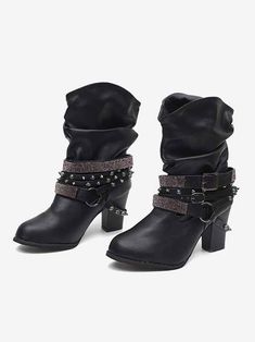 DETAILS Vintage style Round toe Slip-on Solid color Buckle. rhinestone. rivet PU leather Winter Shoes Women, Strap Boots, Women Boot, Half Boots, Color Decoration, Buckle Ankle Boots, Winter Shoes For Women, Heel Boot, Boot Straps