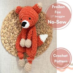 a crocheted teddy bear sitting on top of a woven basket with the words no sew below it