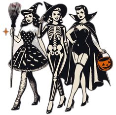 three women dressed in halloween costumes and holding pumpkins, standing next to each other