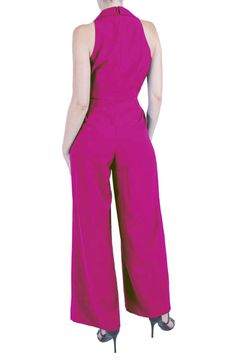 This full-of-polish jumpsuit is designed in a sleeveless silhouette with notched lapels and wide legs. 62" length; 32" inseam; 28" leg opening (size 8) Back zip closure Notched lapels Sleeveless Side-seam pockets Lined 88% polyester, 12% spandex Machine wash, line dry Imported Sleeveless Pink Pantsuit For Spring, Pink Sleeveless Pantsuit For Work, Sleeveless Pink Pantsuit For Work, Chic Sleeveless Pink Pantsuit, Fitted Pink Wide Leg Jumpsuit, Non-stretch Wide Leg Jumpsuits And Rompers With Pockets, Glamorous Pink V-neck Jumpsuits And Rompers, Chic V-neck Jumpsuits And Rompers With Button Closure, Multicolor Tropical Print V-neck Jumpsuits And Rompers