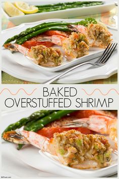 baked overstuffed shrimp on a plate with asparagus and lemon wedges