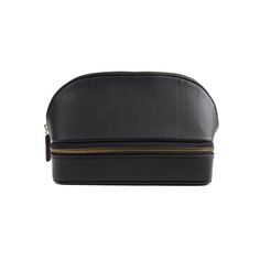 a black cosmetic bag with gold zippers on the front and side, sitting against a white background