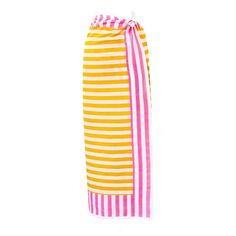 a pink and yellow striped towel with a white stripe on the bottom that is tied in a knot