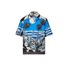 LOUIS VUITTON® - Printed Short-sleeved Cotton Shirt - Blue Louis Vuitton Official Website, Male Style, Stole Scarf, Leather Denim, Holiday Wardrobe, Buckle Shoes, Pharrell Williams, Knitwear Tops, Denim Coat