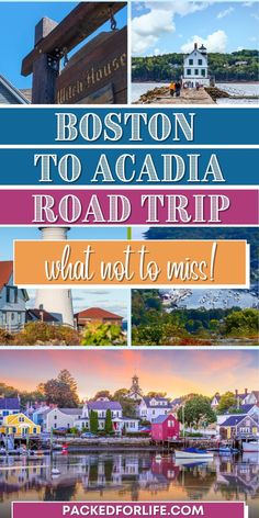 5 pictures of stops along Boston to Acadia road trip. Salem Witch House, Rockland Lighthouse, Portland Head Light, Camden Harbor and Portsmouth coastal homes and water. Boston To Maine Itinerary, Boston To Acadia Road Trip, Boston To Acadia Road Trip With Kids, Boston To Maine Road Trip, New England Road Trip Summer, Boston To Bar Harbor Road Trip Itinerary, New England Road Trip With Kids, 5 Day New England Road Trip, New England States Road Trip