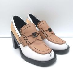 Chanel Cc Penny Loafer Pumps Beige & Cream Leather Size 36 New New Without Box! Excellent Condition. No Major Wear To Speak Of, 2 Faint Scuffs On Left Heel From Storage. Does Not Come With Dustbag. Fits Like A Us 6 Luxury Beige Loafers For Work, White Leather Platform Loafers For Formal Occasions, Formal White Leather Platform Loafers, Beige High Heel Leather Loafers, Luxury Beige Loafers For Office, Designer Formal Platform Loafers, Chic White Leather Platform Loafers, White Loafers For Work, Luxury Cream Loafers With Round Toe