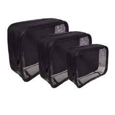 This multipurpose set contains 3 rectangular prism compartments with three dimensions. Made of black matt mesh making them see through and allows for breathability. The flexible and durable mesh is chosen to keep these bags light weighted. Each compartment is single zipped all around the bag. The top part is not completely separable, which eliminates chances of losing it. Since the top part of each compartment can be moved completely out of way it allows for easy access to items inside. The slid Black Multifunctional Rectangular Organizers, Black Rectangular Organizers For Storage, Black Rectangular Organizer For Storage, Black Rectangular Storage Organizers, Black Rectangular Travel Accessories For Storage, Black Rectangular Travel Storage Accessories, Practical Black Rectangular Cases, Practical Black Rectangular Case, Makeup Bag Organizer