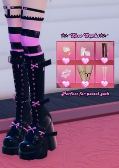 a pair of black boots with pink bows and hearts on the heel, standing in front of a wall