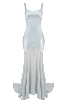 Bring sultry elegance to your next special event in this romantic gown that's made in panels of lustrous satin with sculptural seams that enhance your figure. The asymmetric skirt is made from floaty, sheer chiffon that flows into a dramatic sweeping train. Exclusive retailer Hidden back-zip closure Square neck Sleeveless Lined 75% acetate, 25% polyester with 100% polyester contrast Dry clean Imported Fitted Pre-draped Organza Evening Dress, Glamorous Satin Finish Floor-length Gown, Fitted Evening Gown With Satin Lining, Fitted Evening Maxi Dress With Satin Lining, Fitted Satin Finish Pre-draped Maxi Dress, Elegant Bias-cut Silk Chiffon Dress, Elegant Bias Cut Silk Chiffon Dress, Elegant Silk Chiffon Bias Cut Dress, Evening Gown With Satin Lining