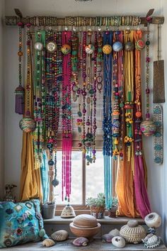 a window covered in lots of colorful beads