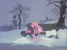 the pink panther is sitting on a park bench in the snow with her hands behind her head