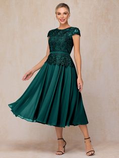 Peacock Teal Green Mother Of The Bride Dress Tea Length, Formal Tea-length Dress With Lace Trim, Spring Tea-length Dress With Lace Trim, Elegant Lace Midi-length Mother Of The Bride Dress, Mother Of The Bride Dresses Square Neckline Plus Size & Plus Size Tea Length Midi Skirts, White Wisteria, Mother Of The Bride Outfit, Lace Neckline, Mothers Dresses