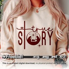 a woman with long blonde hair wearing a sweater that says true story