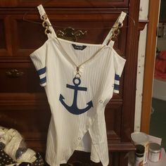 Nib Nautical Off The Shoulder Top. White With Blue Anchor. Gold Zipper And Shoulder Detail. Pit To Pit 16 Waist Across 17 Neck To Bottom 19 Summer Marine Style Cotton Tops, Nautical Beach Tops For Summer, Nautical Tops For Beach In Summer, Nautical Style Beach Tops For Summer, Marine Style Cotton Tops For Summer, White Nautical Tops For Vacation, Nautical Blue Top For Beach, White Sailor Top For Summer, White Nautical Tops For Spring