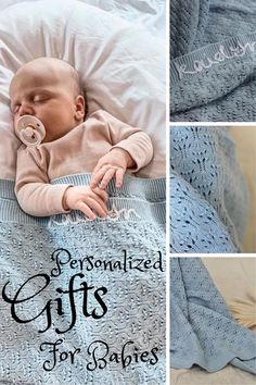 a baby wrapped in a blanket with the words personalized gifts for babies