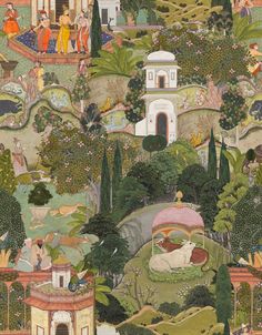 an artistic painting with people and animals in the background, surrounded by trees and bushes