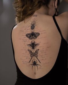 the back of a woman's shoulder with moths and insects on her upper arm