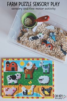 a plastic container filled with lots of food next to a wooden puzzle and bowl of oatmeal