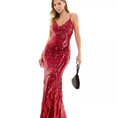 Strappy And Sequined, This B Darlin Evening Gown Has Everything You Need To Style A Special, Once-In-A-Lifetime Night. Lined Floor-Length Formal Dress V-Neck; Gown Silhouette Back Zipper Closure Strappy Detail At Upper Back; Sequined Throughout Polyester, Spandex; Lining: Polyester New With Store Tags Manufaturer's Sizes: 5/6, 11/12 Red Sparkle Prom Dress, Evening Gowns Online, Red Sequin Dress, Macy Dresses, Gown Red, Evening Gown Dresses, Red Sequin, Gowns Online, Gowns With Sleeves