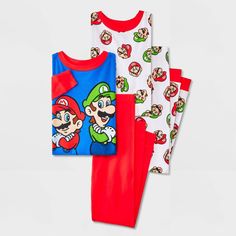 Your kid will be ready to explore the Mushroom Kingdom in their dreams wearing the pieces from the 4-Piece Super Mario Long-Sleeve Cotton Snug-Fit Pajama Set. This set includes two pairs of PJs, with each piece crafted from 100% cotton with ribbed cuffs and ankles for all-night cozy comfort. One pair includes a long-sleeve sleep tee with a Mario and Luigi graphic and red pajama pants, while the other set has a long-sleeve tee and pajama pants that both feature allover Mario and Luigi graphics fo Playful Red Loungewear Sets, Family Matching Red Sleep Sets, Playful Red Sleep Sets, Family Matching Sleep Sets In Red, Red Playful Sleepwear Sets, Playful Red Sleepwear Sets, Red Family Matching Bedtime Sets, Red Cartoon Print Cotton Sleepwear, Red Cotton Sets With Cartoon Print