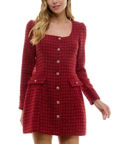 in stock Red Tweed Outfit, Tweed Dress Outfit, Red Tweed Dress, Tweed Fashion, Red Clothes, City Studio Dress, Square Neck Long Sleeve, Holiday Plaid, Tweed Dress