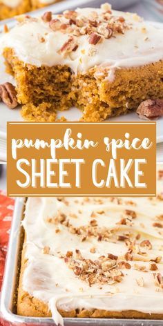 pumpkin spice sheet cake with white frosting and pecans on top