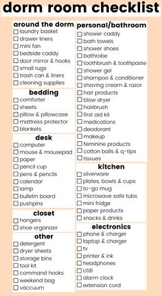 the dorm checklist is shown in this printable list for students to use on their dorm