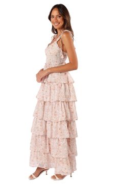 Tiered Wedding Guest Dress, Pink Floral Bridesmaid Dress, Fall Wedding Dresses Guest, Spring Formal Dresses, Unrealistic Wishlist, Peach Maxi Dresses, Girly Pics, Long Floral Dress, Spring Formal