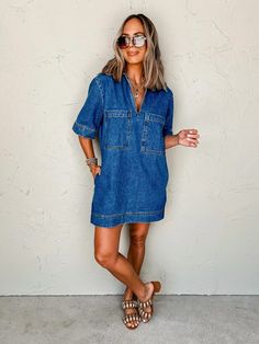 Short Sleeve Denim Dress With Pockets For Day Out, Summer Denim Dress With Pockets For Daywear, Summer Dark Wash Shirt Dress With Pockets, Dark Wash Shirt Dress With Pockets For Summer, Short Sleeve Denim Blue Dress For Daywear, Denim Blue Dresses With Pockets For Daywear, Short Sleeve Denim Shirt Dress For Daywear, Short Sleeve Denim Mini Dress With Pockets, Denim Blue Short Sleeve Dress For Day Out