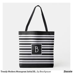 White Canvas Bag With Letter Print For The Beach, White Cotton Beach Bag With Letter Print, White Letter Print Tote Beach Bag, Trendy Striped Tote Bags, Black And White Rectangular Shopping Bags, Monogram Initials, White Stripe, Cool Style, Initials