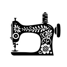 a black and white silhouette of a sewing machine with floral designs on it's side