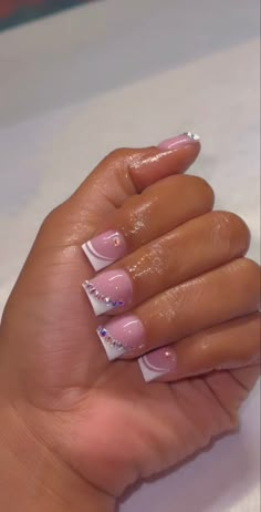 Simple Beautiful Nail Designs, French Tip Short Nails Design, Short Simple Birthday Nails, Short French Tip Acrylic Nails Freestyle, Baddie Short French Tip Nails, Short French Tip Acrylic Nails Square Sparkle, Short Nails Acrylic Bling, Short Nail Ideas Birthday, Rinstone Nails Acrylic Short