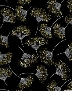 a black background with yellow and white flowers on it's sides, all in different sizes