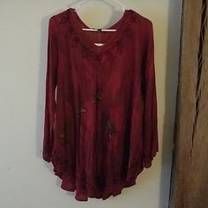 Nwt Hand Printed Long Sleeve Blouse Size Small/Medium. Flowy Long Sleeve With Dragonflys. Red With Beads And Sequins. Never Worn. Still Has Original Tags. Fall Flowy Red Blouse, Flowy Red Bohemian Blouse, Red Embroidered Long Sleeve Blouse, Red Long Sleeve Hippie Blouse, Red Folk Style Long Sleeve Peasant Top, Pretty Fits, Flowy Blouse, Greater Good, Red Blouses