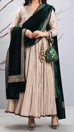 Green And Beige Cotton Silk And Velvet Angrakha Anarkali Suit Beige Anarkali Dress, Beige Anarkali Suits, Velvet Fabric Colors, Beige Suits Women Indian, Designer Anarkali Choli With Long Shape, Long Anarkali Set With Cutdana Detail, Anarkali Long Choli For Designer Wear, Anarkali Style Long Traditional Wear With Zari Work, Traditional Pista Green Anarkali Set With Long Sleeves