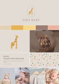 the zoo baby logo is shown in several different colors and sizes, including brown, yellow,