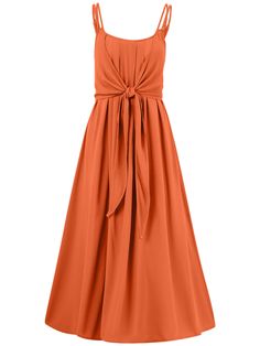 Add a touch of fun to your wardrobe with this Touch Of Lawn Front Tie Midi Dress! The vibrant orange color will make you stand out, and the front tie adds a playful touch. The midi length is perfect for any occasion. (Plus, it's made from breathable "lawn" fabric!) Size Guide: Model is 5’8” tall, and has a 33.9” bust, 24.2” waist, & 35.5” hips. She is wearing a S / US 4 / AU 8. This dress is true to size. Material: 100% Viscose. Feature: Scoop neckline. Sleeveless. Adjustable Straps. Front Tie Detail. Midi length. Relaxed fit. Care Instructions: Machine wash / Cold hand wash Cheap Casual Orange Midi Dress, Cheap Chic Orange Midi Dress, Affordable Orange Midi Dress For Day Out, Cheap Orange Knee-length Dress, Affordable Orange Knee-length Midi Dress, Lawn Fabric, Brown Leather Sandals, Dress Spaghetti, Green Midi Dress