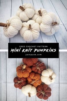 mini knit pumpkins with text overlay that reads free crochet pattern for mini knit pumpkins