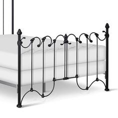 an iron bed frame with white sheets and black metal bars on the headboard, against a white background